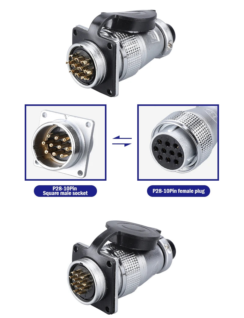 P28 Aviation Connector, Square Flange Socket, Male/Female Circular Butt Joint, 2/3/4/5/7/10/12/14/16/19/20/24 Pin, P28K2Q PLS28