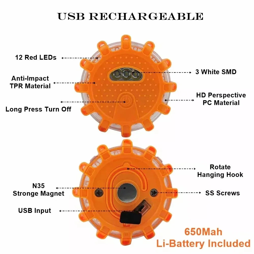 3 Pack LED Road Flares Emergency Warning Lights USB Rechargeable Magnetic Flashing Base Safety Disc for Roadside Assistance Amag