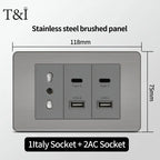 Stainless Steel Wall Socket 118x75mm Italian-Style with USB-C & Schuko Chilean Plug - Brushed Finish for Home/Office