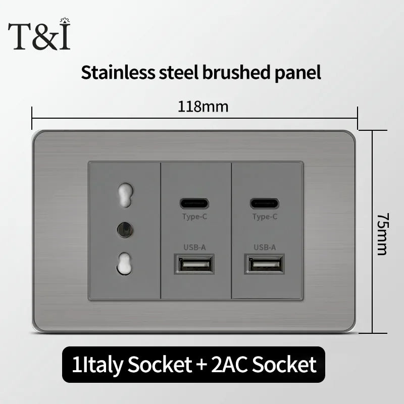 Stainless Steel Wall Socket 118x75mm Italian-Style with USB-C & Schuko Chilean Plug - Brushed Finish for Home/Office