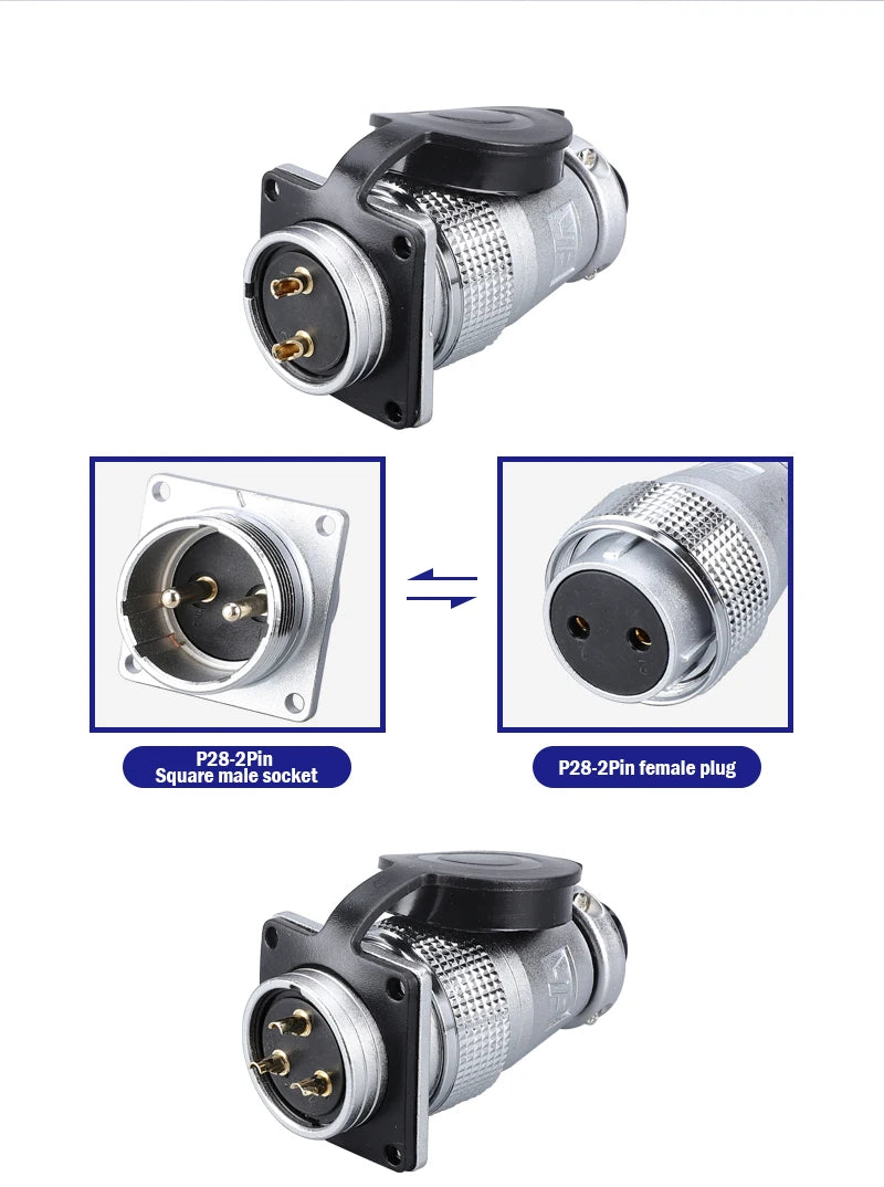P28 Aviation Connector, Square Flange Socket, Male/Female Circular Butt Joint, 2/3/4/5/7/10/12/14/16/19/20/24 Pin, P28K2Q PLS28