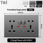 Universal Wall Socket with USB-C and USB Charger, 2 Gang Power Outlet with Switches, Flush Mount AC 110–250V for Home Office Use