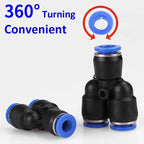 10pcs Y-Type Pneumatic Tee Fittings PY4-PY16 (4-16mm OD) - Push-In Quick Connect for Air/Water Hose, Blue Nylon & Brass