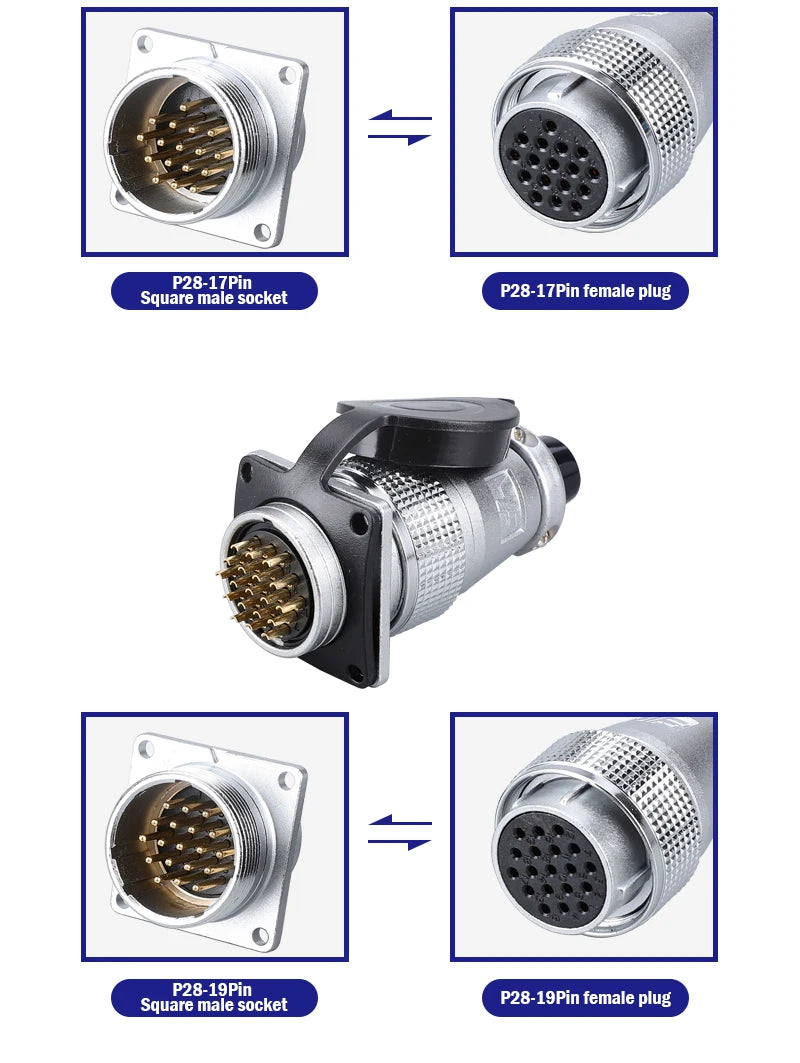 P28 Aviation Connector, Square Flange Socket, Male/Female Circular Butt Joint, 2/3/4/5/7/10/12/14/16/19/20/24 Pin, P28K2Q PLS28