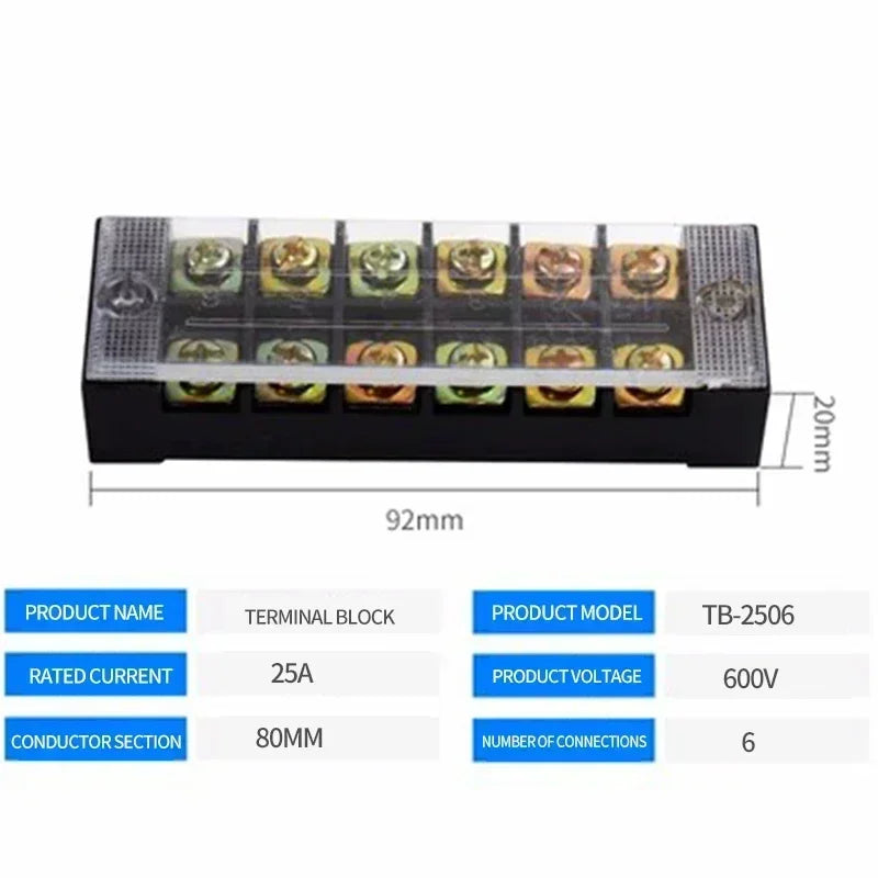 15A/25A/45A 600V Dual Row Barrier Terminal Block TB Series (3-12 Positions) Screw Connector for Electrical Panels TB1503 TB2512