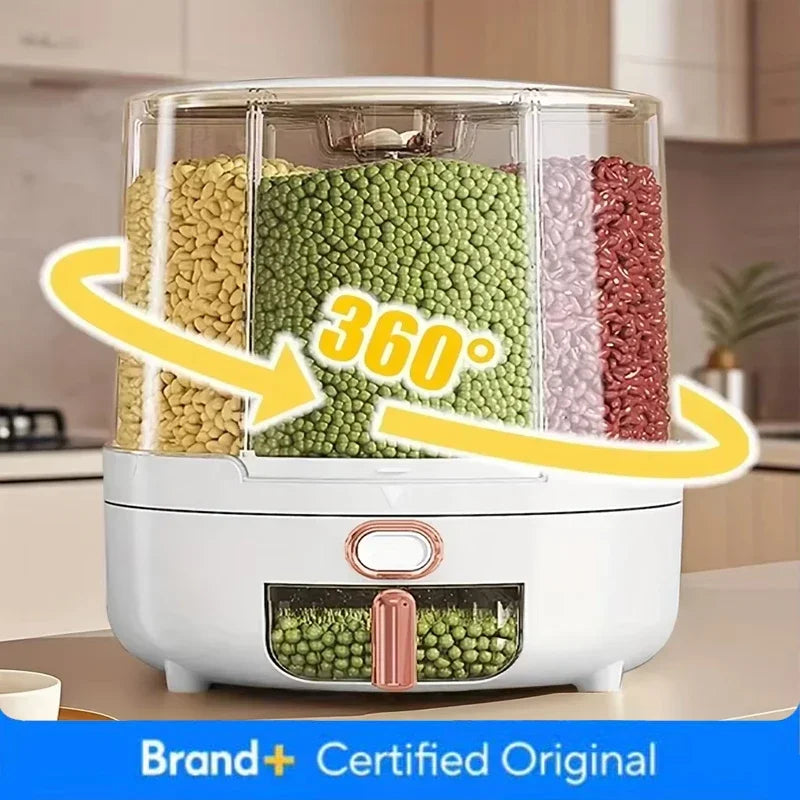 6-Compartment 360° Rotating Airtight Food Storage Container - Moisture-Proof for Cereal, Candy, Rice - Kitchen Pantry Organizer