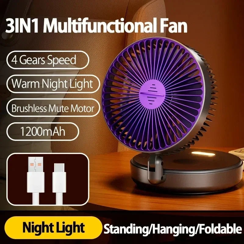 Foldable Desktop Fan Mini Wall-Mounted Car With Warm Night Light Rechargeable 4 Gears Adjustable Portable Air Circulation Amagi