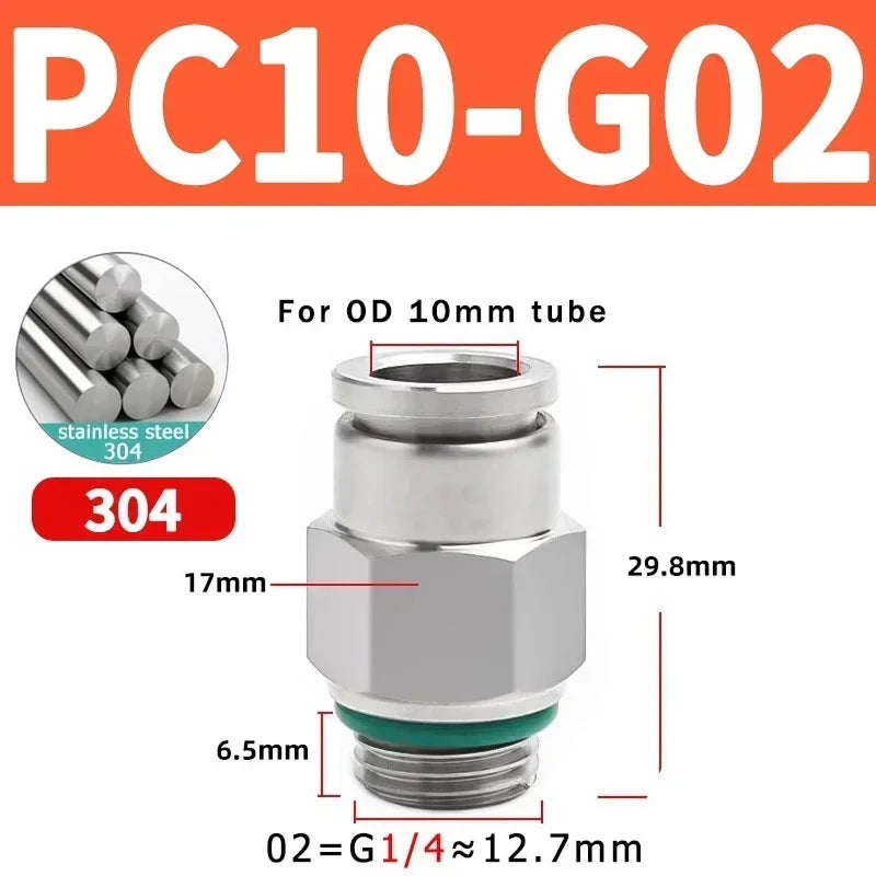 Stainless Steel PC-G Pneumatic Push-In Fitting, Straight Male G Thread Air Tube Connector for Air Compressor & Pneumatic Systems