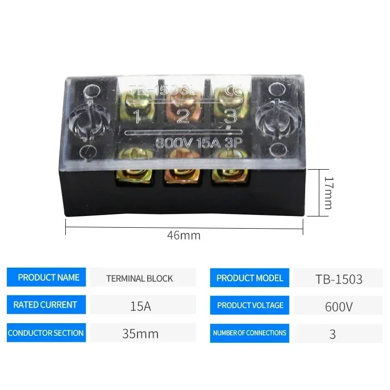 15A/25A/45A 600V Dual Row Barrier Terminal Block TB Series (3-12 Positions) Screw Connector for Electrical Panels TB1503 TB2512