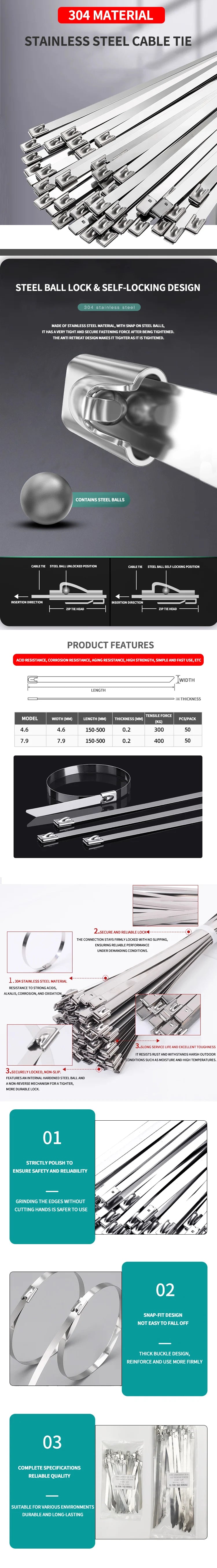 50PCS 304 Stainless Steel Zip Ties, Heavy-Duty Self-Locking Metal Cable Ties 4.6mm,Anti-Rust & Heat Resistant for Marine,Outdoor