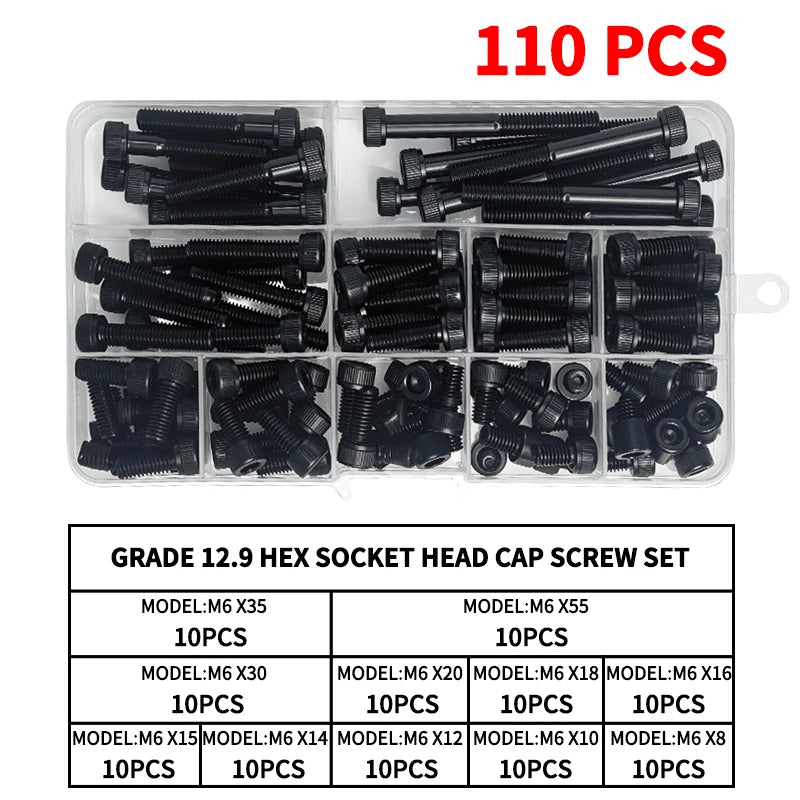 Grade 12.9 Carbon Steel Socket Head Cap Screws Kit, M3 M4 M5 M6 M8 Assortment, High Tensile Hex Bolts, Rust Resistant, Allen Key