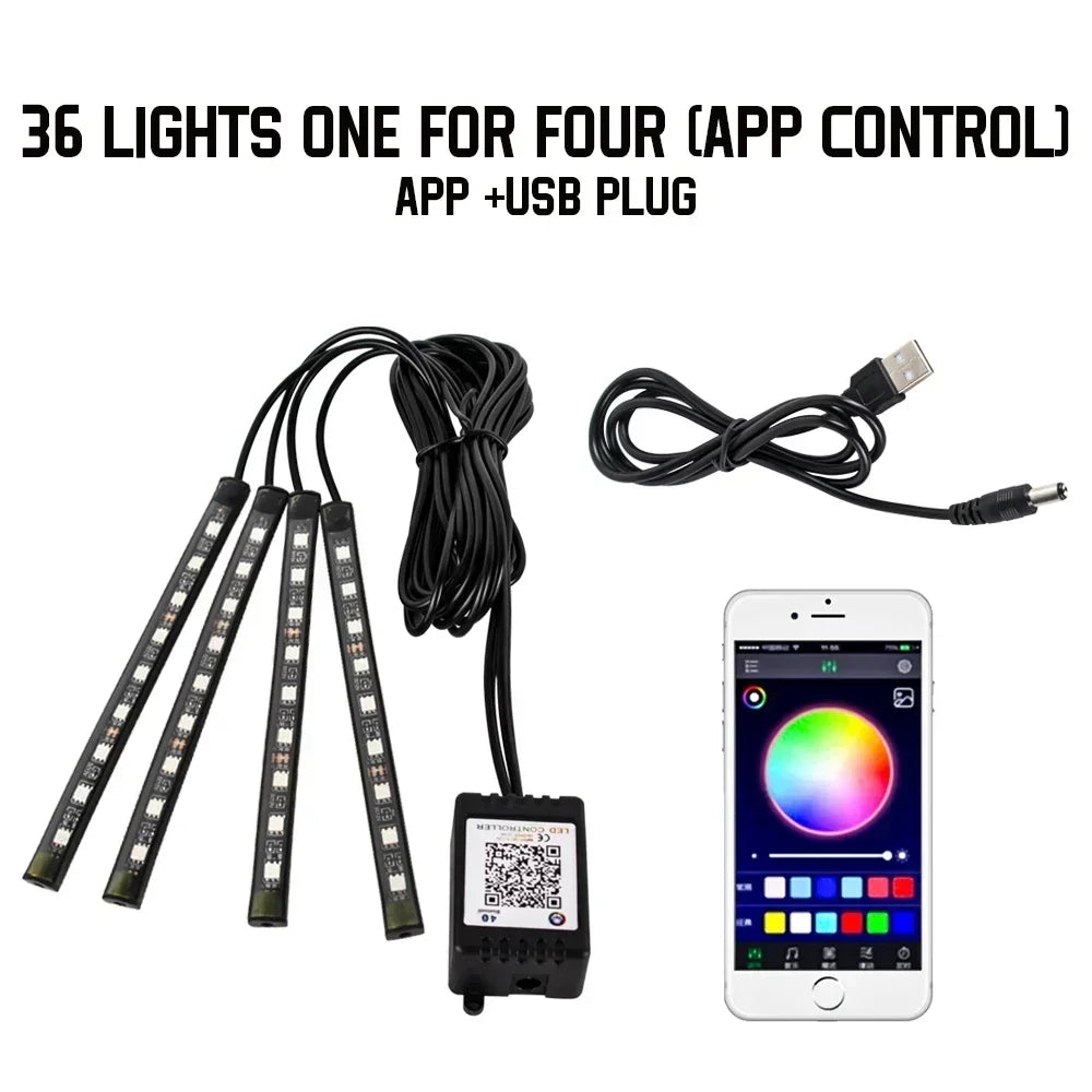 Car RGB LED Strip Light Automotive Interior Foot 36/48 LED APP/Remote/Voice Control Atmosphere Decorative Lamp Ambient Amagi