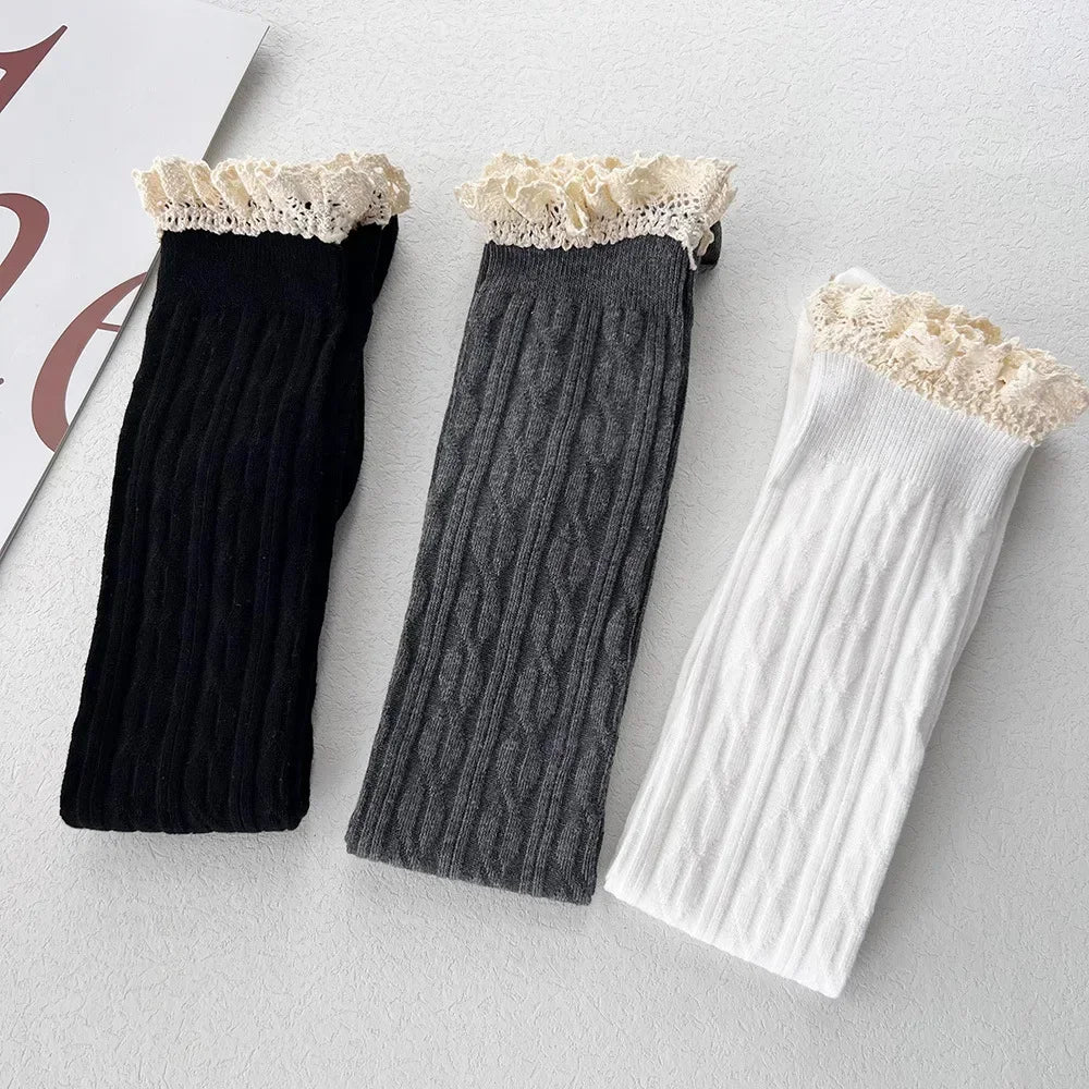 Sweet Lace Thigh High Socks Japanese Style Knitted Long Socks JK Lolita Black White Stockings Women Girls Amagi