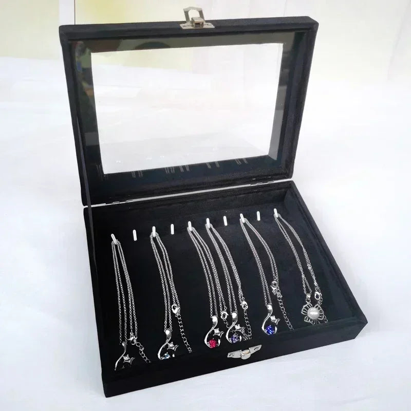 Black Jewelry Box Display Case for Rings Bracelets Earrings Necklaces with Lid Dustproof Glass Grid Storage Organizer Amagi