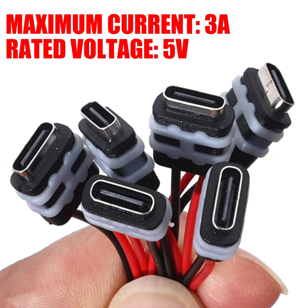 Waterproof USB-C Female Socket – 2-Pin 3A Black Wire Fast Charging Connector 6–12cm