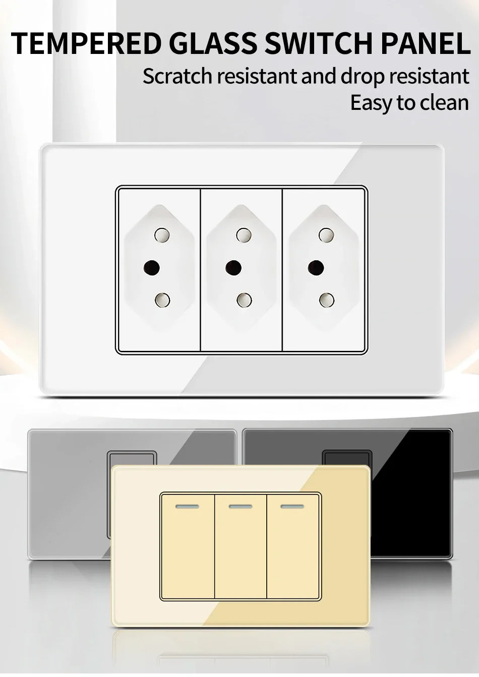 Brazil Standard Wall Socket (Type N) with Type‑C USB, 3‑Gang Wall Switch, Tempered Glass Panel, Stable Power for Home/Office