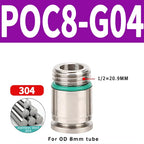 304 Stainless Steel Pneumatic Push-In Fitting POC-G, Internal Hex Quick Connector for Air and Gas Pipe Systems