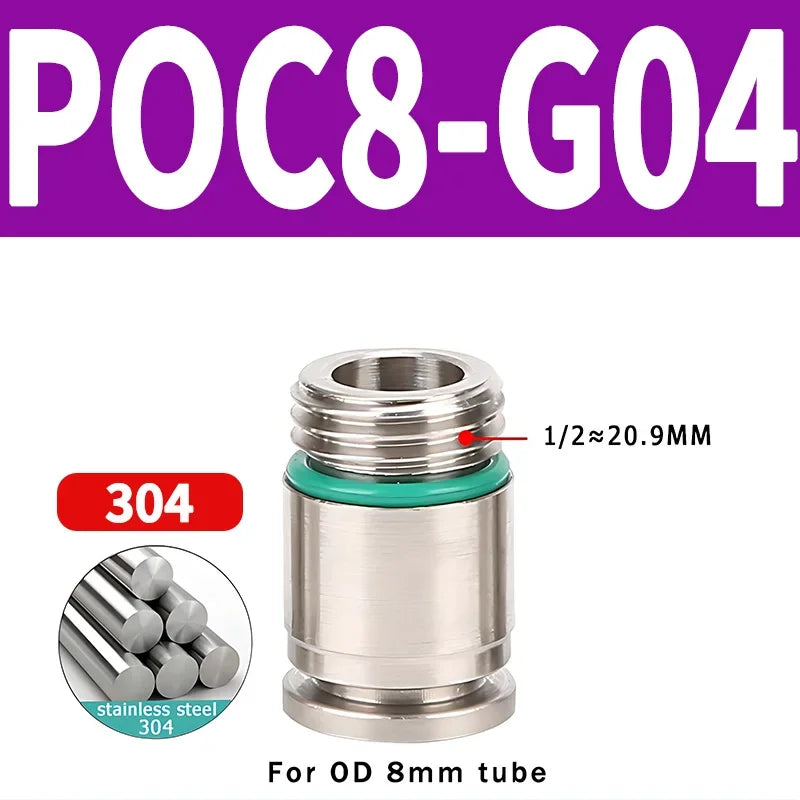 304 Stainless Steel Pneumatic Push-In Fitting POC-G, Internal Hex Quick Connector for Air and Gas Pipe Systems