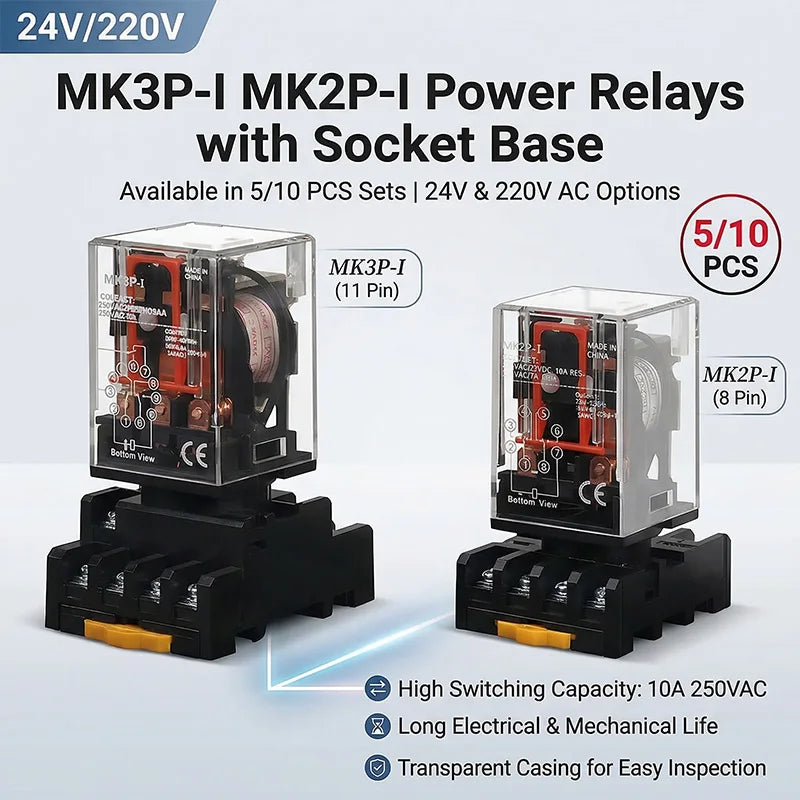 MK2P-I MK3P-I Intermediate Relay, 8/11 Pin Electromagnetic Power Relay with Copper Coil and Silver Contact AC220V DC24V
