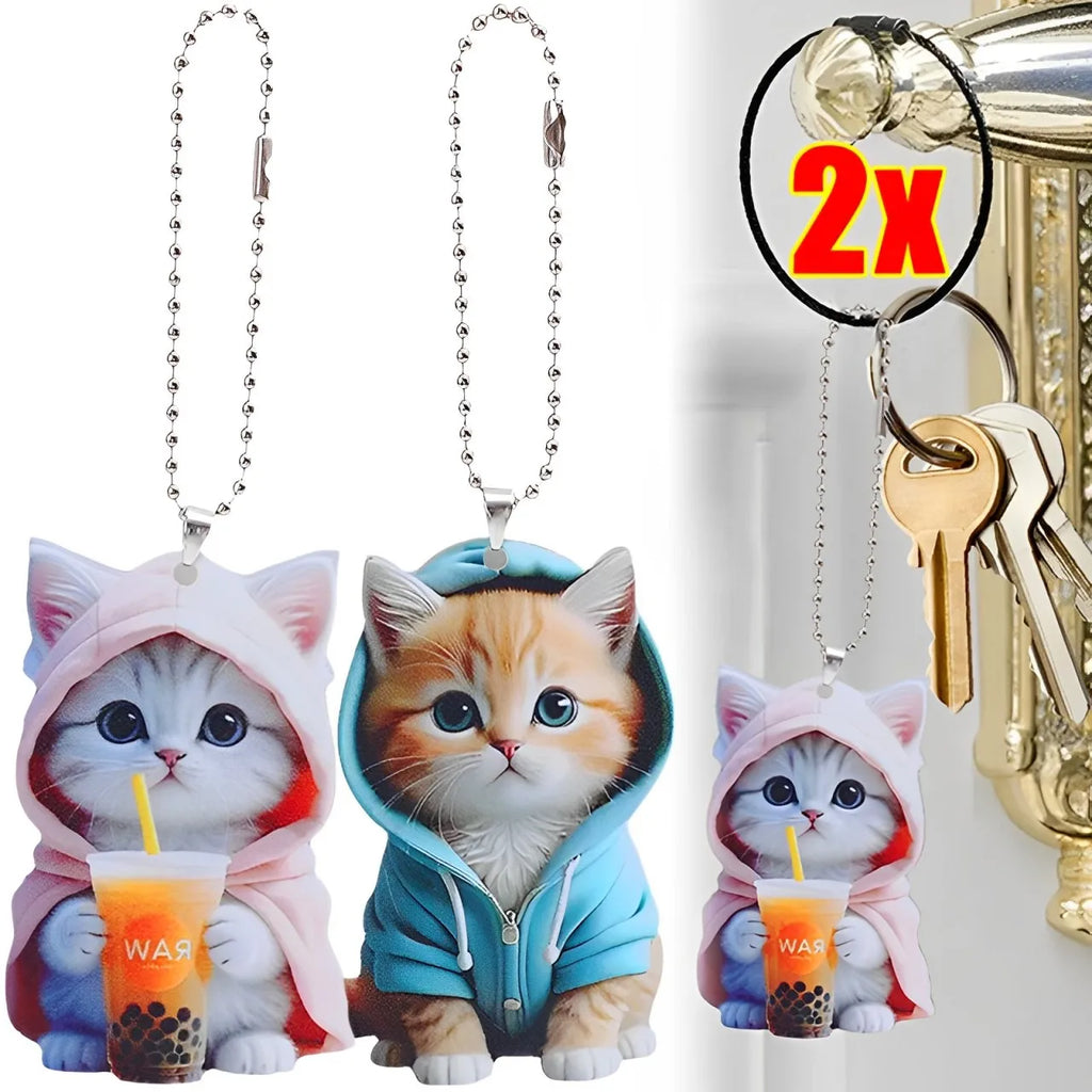 Acrylic Cat Pendant Key Chain 2D Flat Kitten Hanging Keychain Lifelike Kitten Bag Pendent Cartoon Animal Keyring Accessories