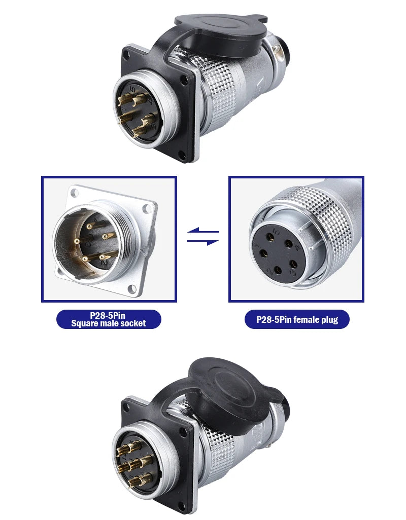 P28 Aviation Connector, Square Flange Socket, Male/Female Circular Butt Joint, 2/3/4/5/7/10/12/14/16/19/20/24 Pin, P28K2Q PLS28