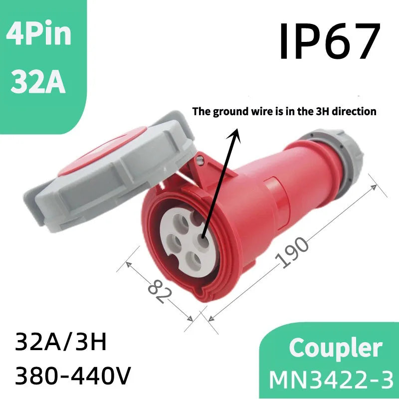 1PCS 4Pin 32A-3h Refrigerated and Refrigerated Container  Industrial Plug Quad Marine Four Hole Connector Socket 380-440V MN3412