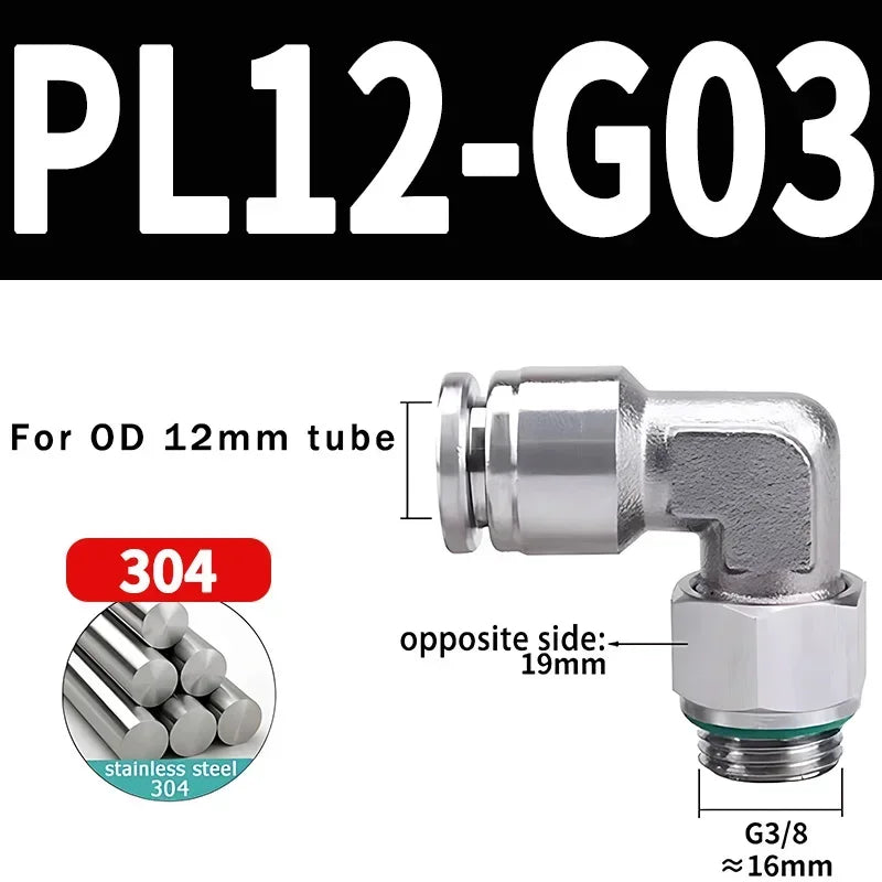 10/50/200PCS PL-G 304 Stainless Steel Trachea Quick Coupling Joint 1/8" 1/4" 3/8" 1/2" External G Thread Elbow Pneumatic Fitting