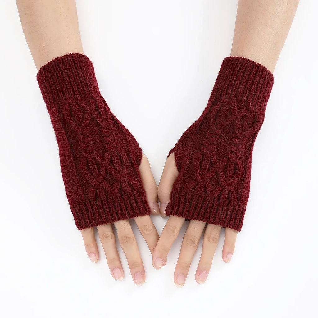 Men Women Stretch Acrylic Knit Stripe Fingerless Mitten Student Couple Winter Warm Twist Flower Half Finger Solid Glove Amagi