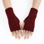 Men Women Stretch Acrylic Knit Stripe Fingerless Mitten Student Couple Winter Warm Twist Flower Half Finger Solid Glove Amagi