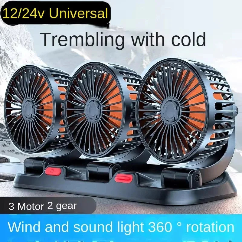 Car Fan 360° Adjustable 3 Head Air Fan Automotive Electric Fan USB/12V/24V Fan 2 Speeds Silent Fan For Home Desk Office Amagi