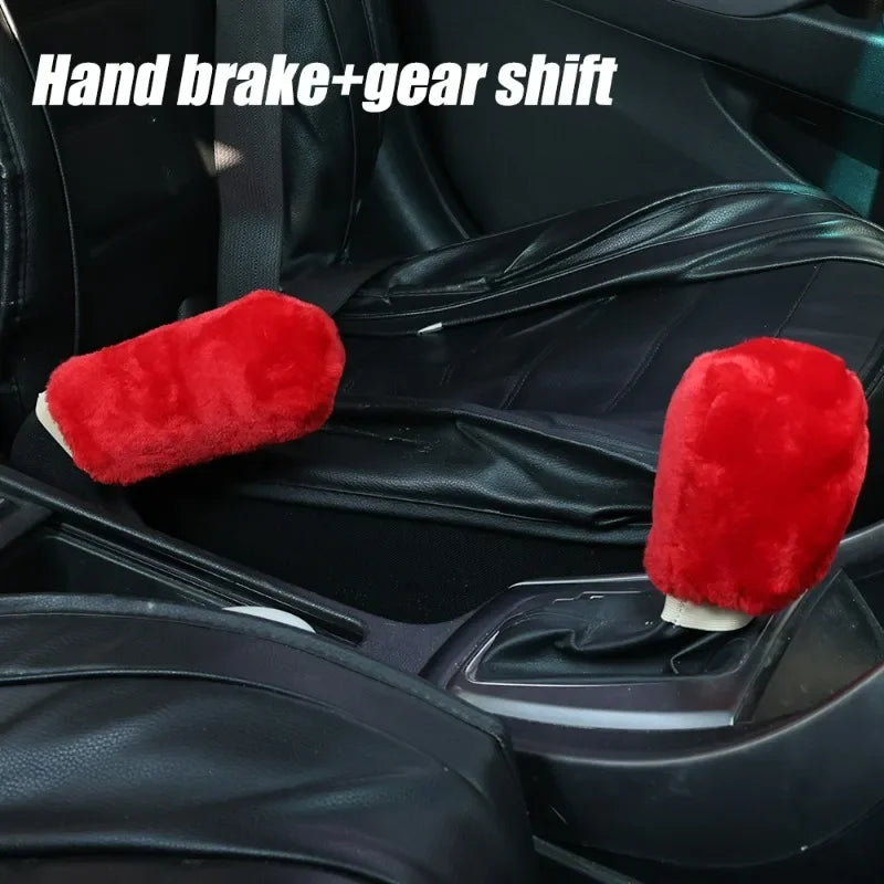 2Pcs Car Handbrake Grip Covers Gear Shift Knob Cover Handle Plush Sleeve Winter Soft Warm Hand Brake Interior Gear Shift Collars