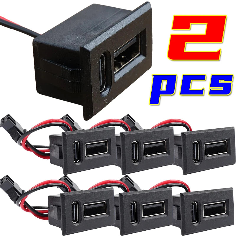 Female Usb Lamp Charging Socket Power Socket Type-C Double Layer Usb Base Socket with Cable Connector Car Accessories 1/2pcs