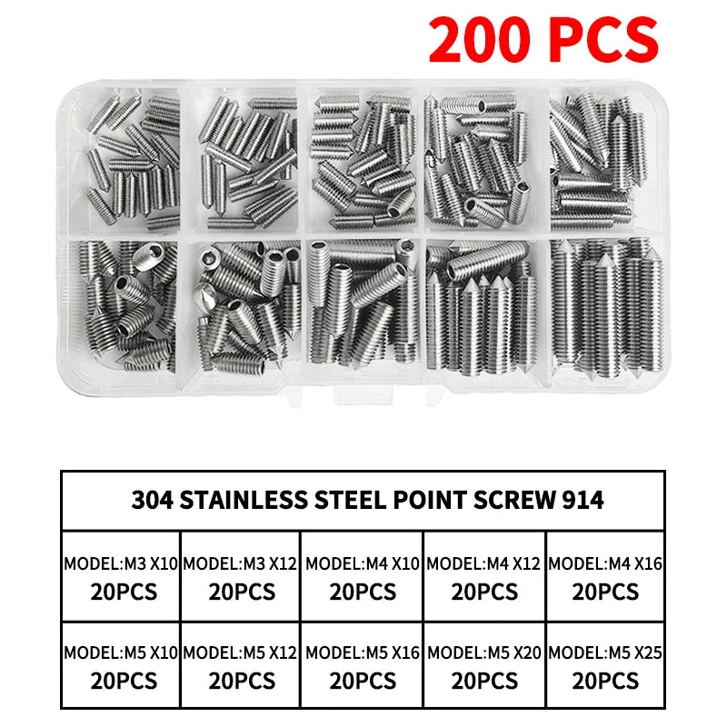 DIN914 304 Stainless Steel Hex Socket Point Grub Screws Set with M3, M4, M5, M6, M8, M10 Sizes - High - Hardness Assortment