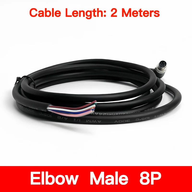 2m M8 Sensor Connector Cable, Straight & Right Angle Options, Male/Female, 3/4/5/6/8 Pin, Waterproof Molded Plug for Industry
