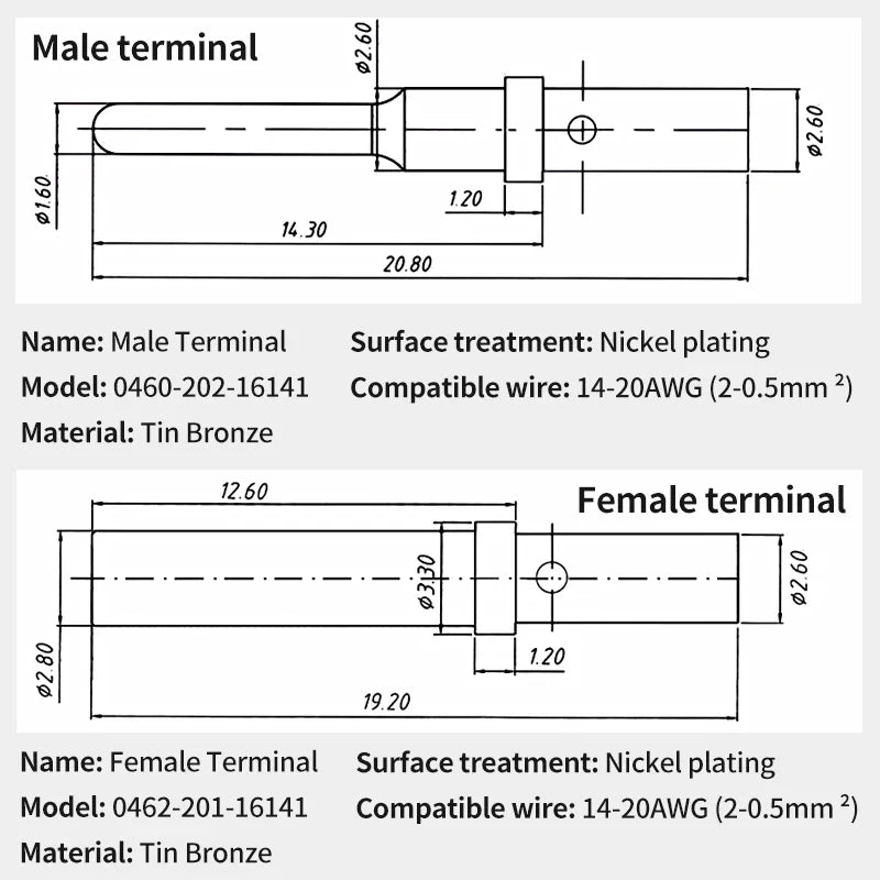 50Pcs DT 1.5mm Series Pin Contact 0462-201-16141 0460-202-16141,Stainless Steel 16AWG Deutsch Crimp Solid Female/male Terminals