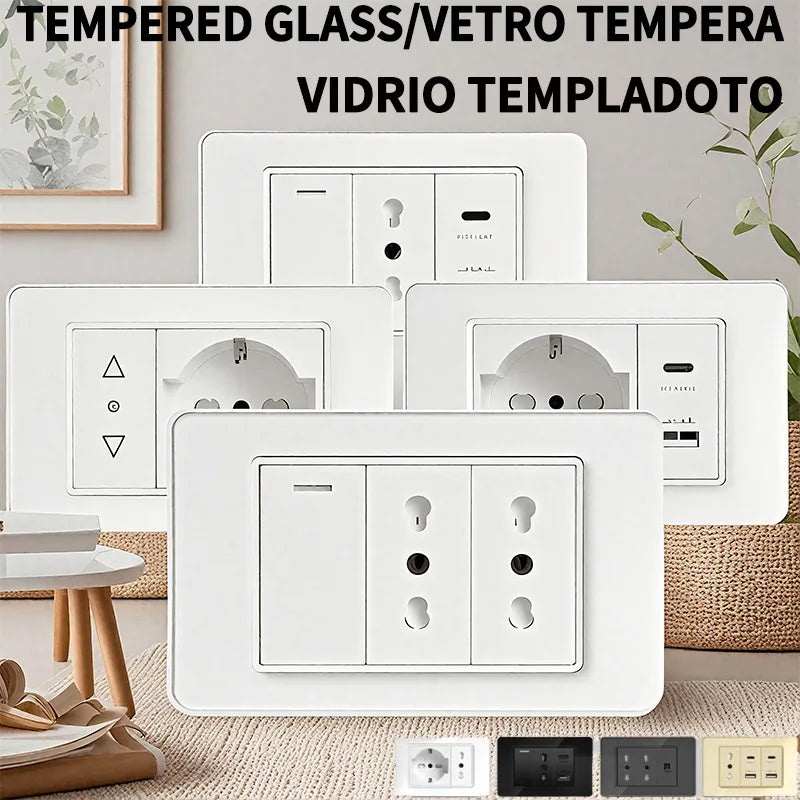 118x75mm Type-C Fast Charging Wall Socket Italy & Chile Schuko Outlet - Tempered Glass Panel Modern Design -Type Switch