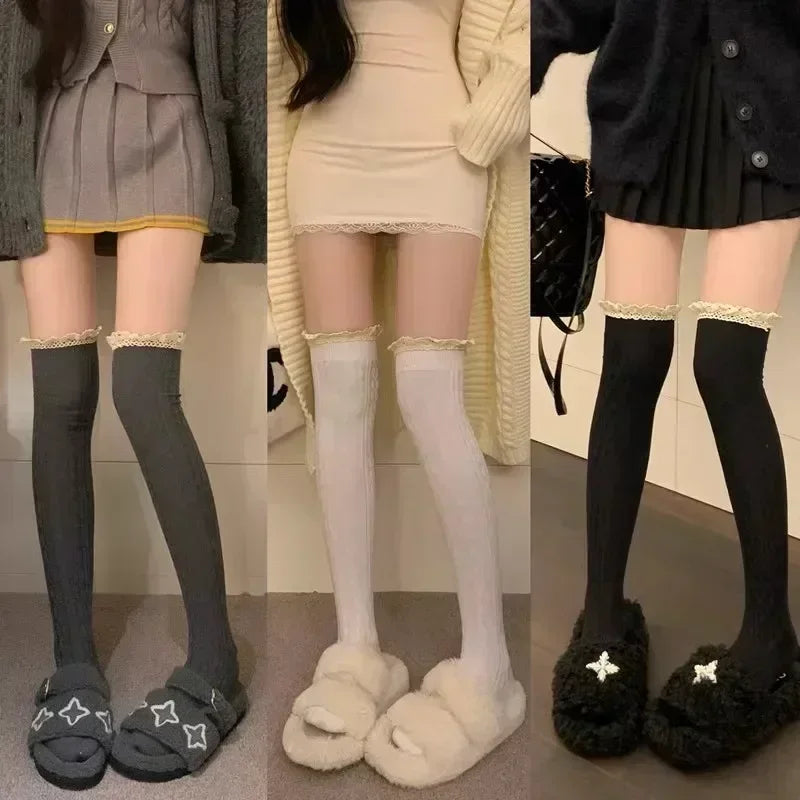 Sweet Lace Thigh High Socks Japanese Style Knitted Long Socks JK Lolita Black White Stockings Women Girls Amagi