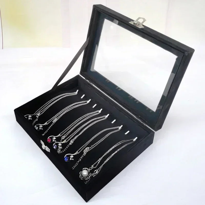 Black Jewelry Box Display Case for Rings Bracelets Earrings Necklaces with Lid Dustproof Glass Grid Storage Organizer Amagi