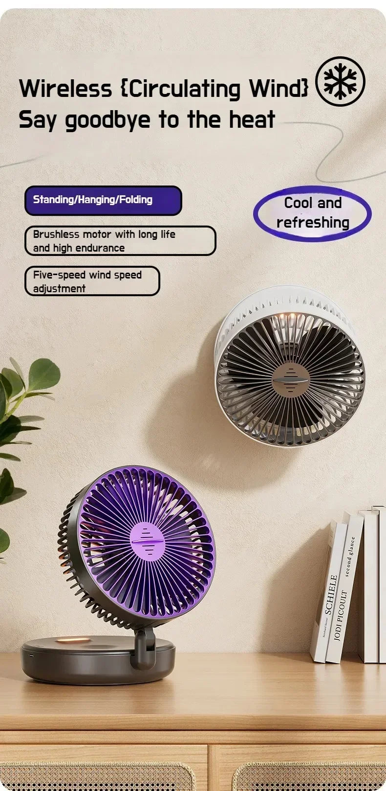 Foldable Desktop Fan Mini Wall-Mounted Car With Warm Night Light Rechargeable 4 Gears Adjustable Portable Air Circulation Amagi