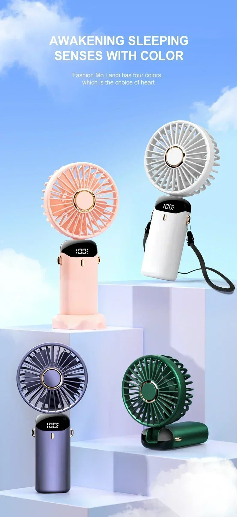Car 3 in 1 Portable Fan Handheld Neck Desk Fan 5 Speed Digital Display Ultra Quiet Makeup Fan for Women Desktop Clip Office Amag
