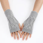 Men Women Stretch Acrylic Knit Stripe Fingerless Mitten Student Couple Winter Warm Twist Flower Half Finger Solid Glove Amagi