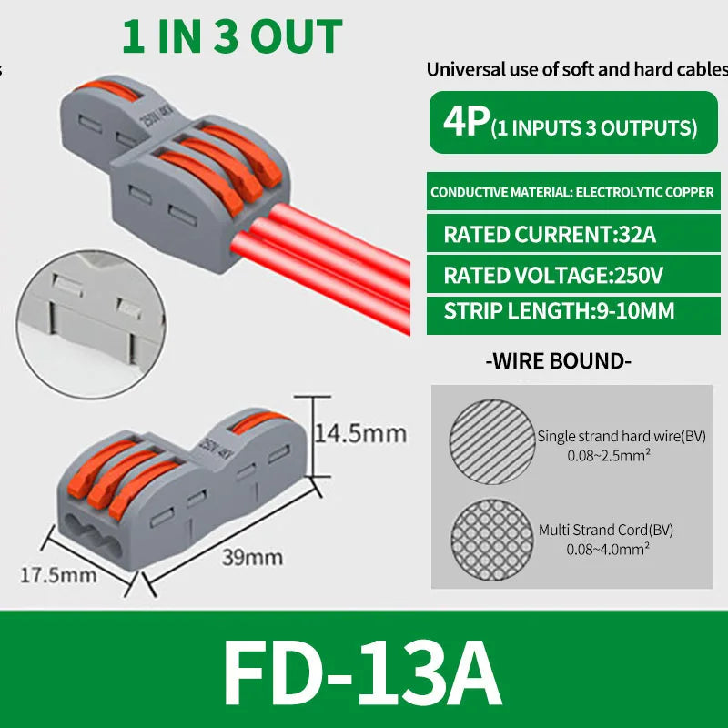 SPL-42/62/63/82/93 3/2-in 8/6/4-out Fast Wiring Terminal Multi-functional Parallel and Branch Docking Terminal Wire Connector