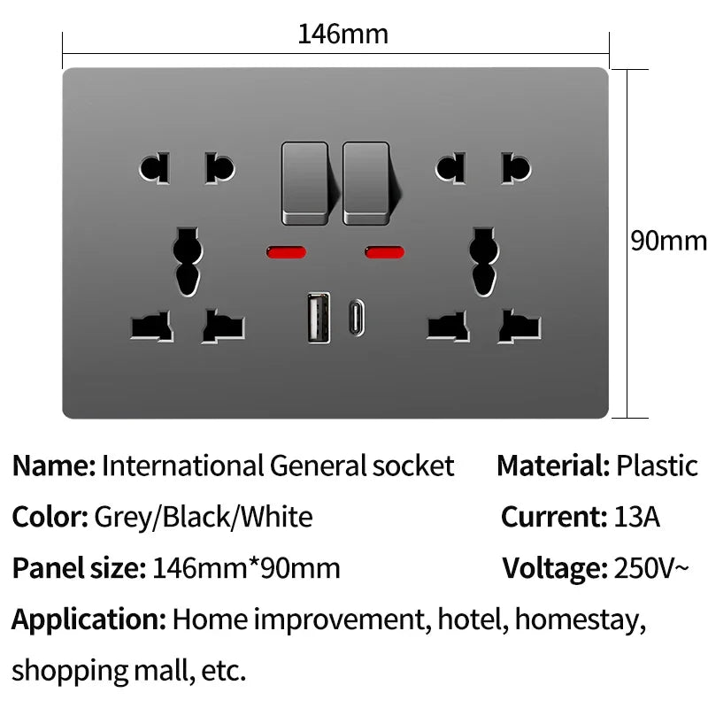 Universal Wall Socket 2‑Gang Power Outlet with Switches, USB‑C Charging Port, LED Indicator, Flush Mount, AC 110‑250V