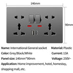Universal Wall Socket with USB-C and USB Charger, 2 Gang Power Outlet with Switches, Flush Mount AC 110–250V for Home Office Use