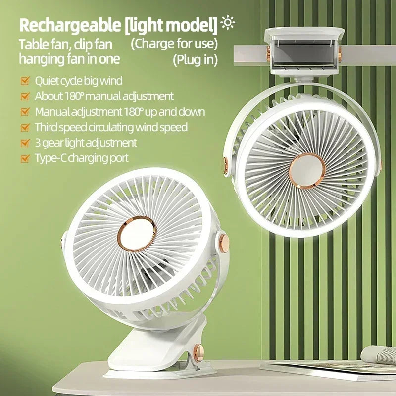 Clip-on Fan Quiet Rechargeable Desktop Portable Air Circulator Wireless Fan With LED Light For Camping Amagi