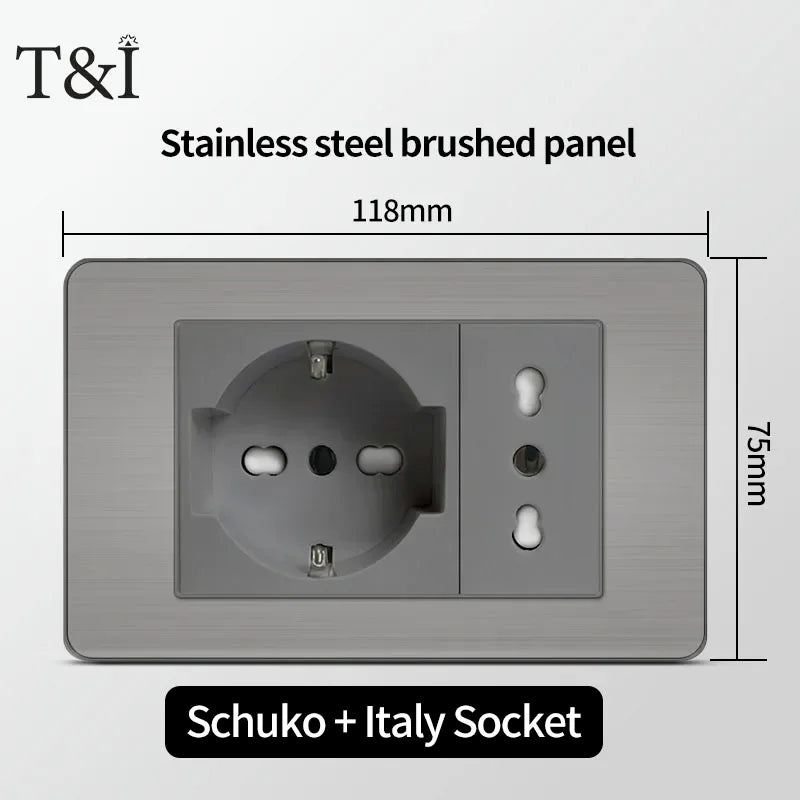Stainless Steel Wall Socket 118x75mm Italian-Style with USB-C & Schuko Chilean Plug - Brushed Finish for Home/Office