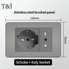 Stainless Steel Wall Socket 118x75mm Italian-Style with USB-C & Schuko Chilean Plug - Brushed Finish for Home/Office