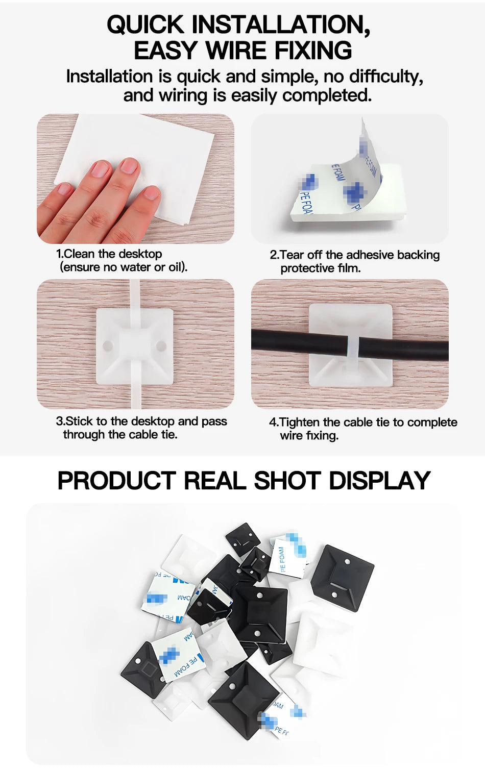 250/500/1000PCS Self-Adhesive Cable Tie Mounts, Strong Sticky Base Wire Holder Clips for Wall Fixing, Cable Routing Management