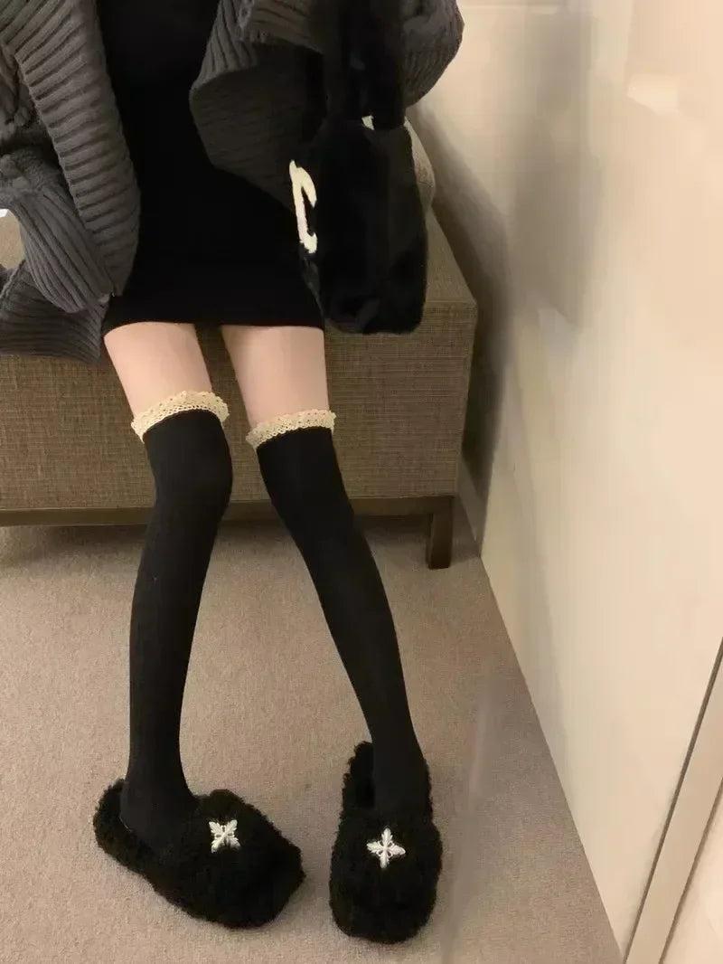 Sweet Lace Thigh High Socks Japanese Style Knitted Long Socks JK Lolita Black White Stockings Women Girls Amagi