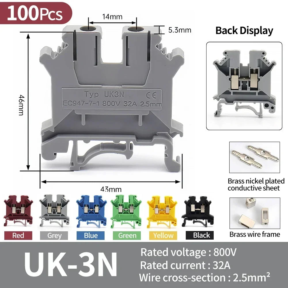 Premium Brass UK Screw Clamp Connector for Wiring, DIN Rail - Mounted,UK1.5N, 2.5B, 3N, 5N, 6N, 10N, 16N, 25N, 35N, 50N